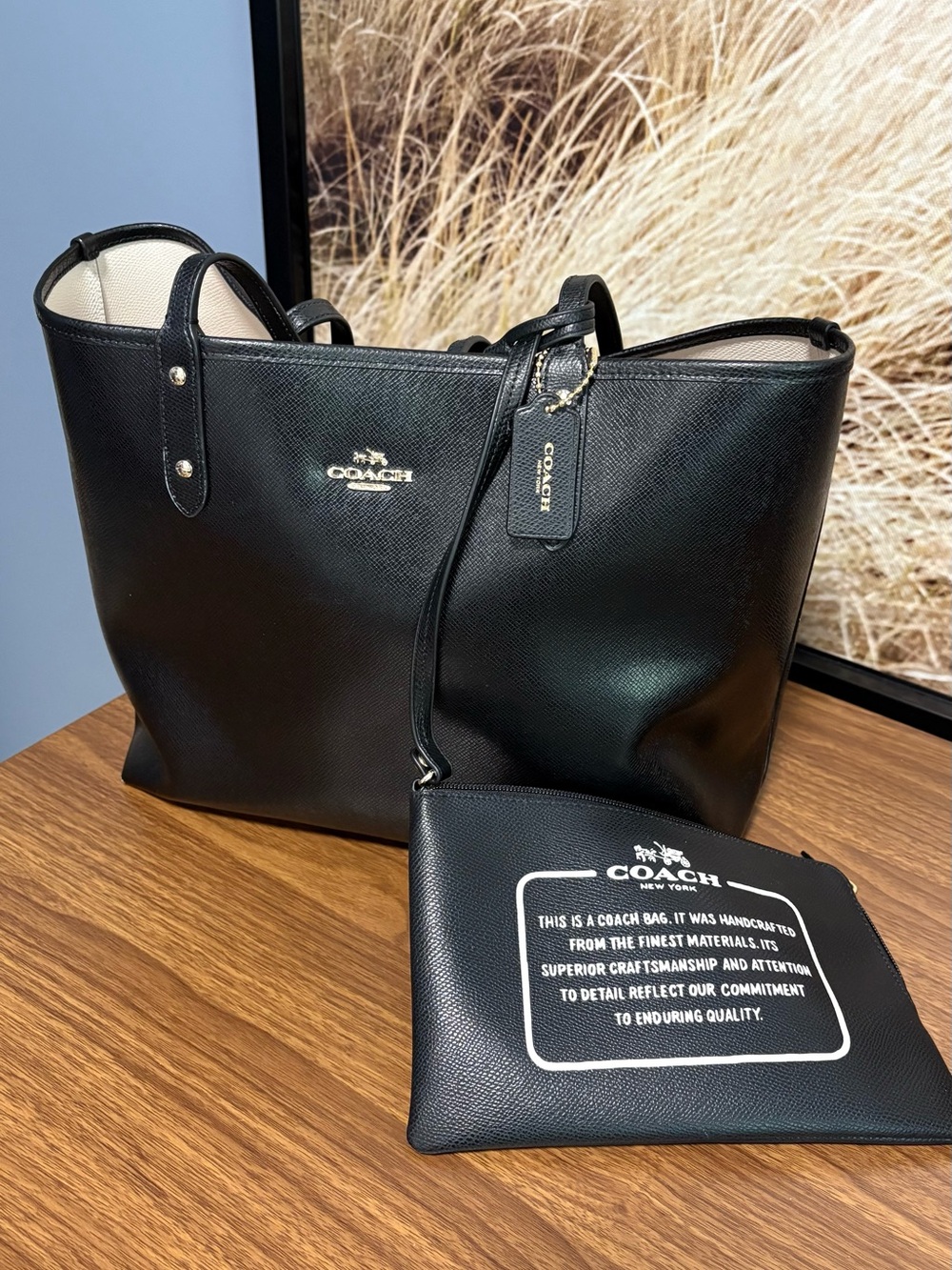 COACH Black Leather Tote with Removable Logo Pouch